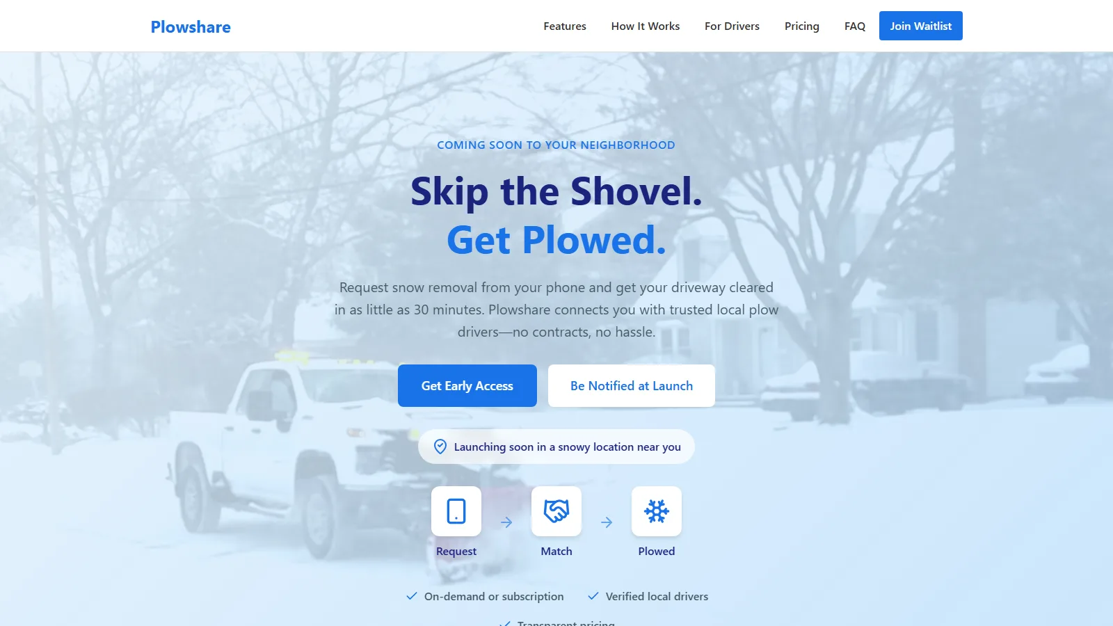 The Plowshare website homepage on desktop